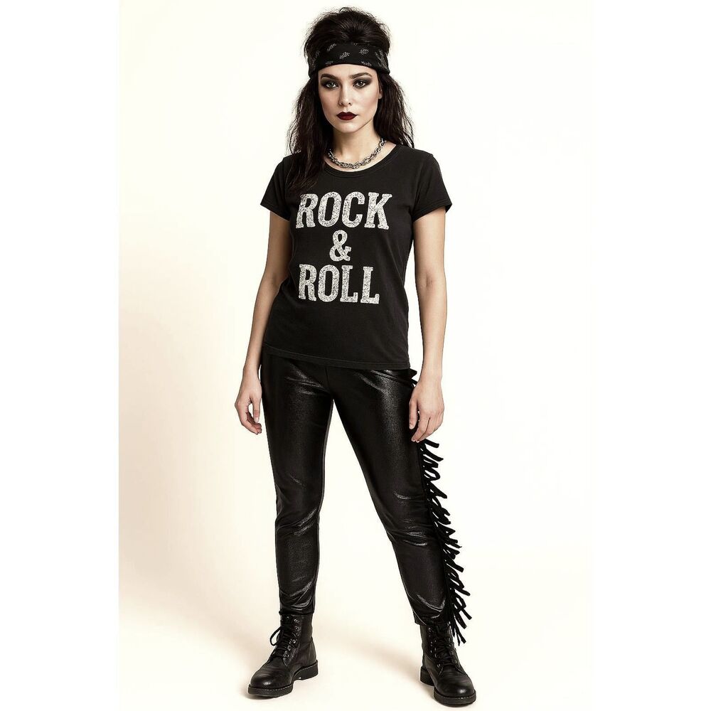 Vtg Y2K Woman's Rocker Pants Sz M Black Fringed Reptile Pattern Rock Huggers